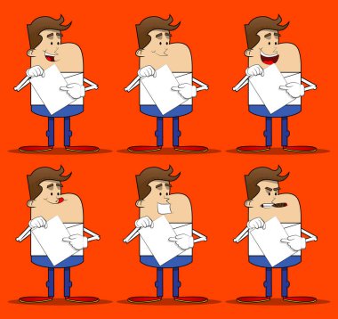 Elinde beyaz kağıt tutan bir iş adamının basit bir retro karikatürü. Profesyonel finans çalışanı. Kırmızı kravatlı beyaz gömlek giyiyor..