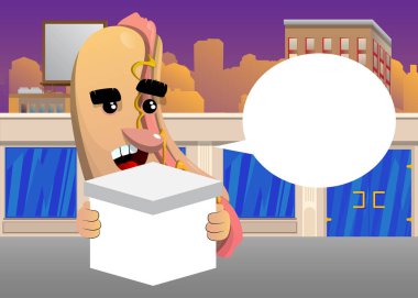 Hot Dog beyaz kutu tutuyor. Çizgi film karakteri olarak Amerikan fast food..