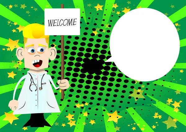 Αστείος Γιατρός Κινουμένων Σχεδίων Κρατώντας Ένα Πανό Ευπρόσδεκτο Κείμενο Εικονογράφηση — Διανυσματικό Αρχείο