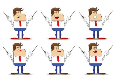 Basit bir iş adamı orkestra şefinin retro karikatürü. Profesyonel finans çalışanı. Kırmızı kravatlı beyaz gömlek giyiyor..