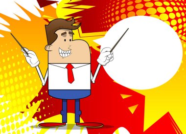 Basit bir iş adamı orkestra şefinin retro karikatürü. Profesyonel finans çalışanı. Kırmızı kravatlı beyaz gömlek giyiyor..