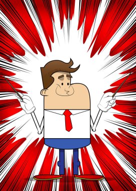 Basit bir iş adamı orkestra şefinin retro karikatürü. Profesyonel finans çalışanı. Kırmızı kravatlı beyaz gömlek giyiyor..