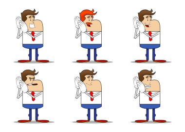 Basit bir iş adamı karikatürü. İki elini de kulağına dayayıp dinliyor. Profesyonel finans çalışanı. Kırmızı kravatlı beyaz gömlek giyiyor..