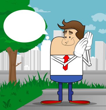 Basit bir iş adamı karikatürü. İki elini de kulağına dayayıp dinliyor. Profesyonel finans çalışanı. Kırmızı kravatlı beyaz gömlek giyiyor..