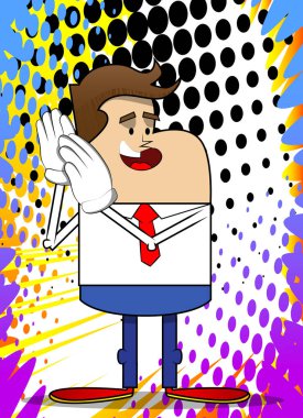 Basit bir iş adamı karikatürü. İki elini de kulağına dayayıp dinliyor. Profesyonel finans çalışanı. Kırmızı kravatlı beyaz gömlek giyiyor..