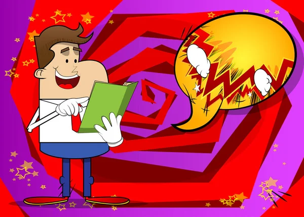 Desenhos Animados Retrô Simples Homem Negócios Lendo Apontando Para Livro —  Vetores de Stock