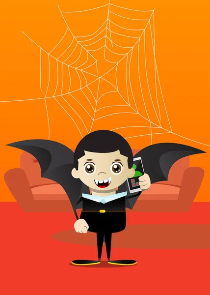 Kid Dressed Halloween Talking Cell Phone Vector Cartoon Character Illustration — Stock Vector