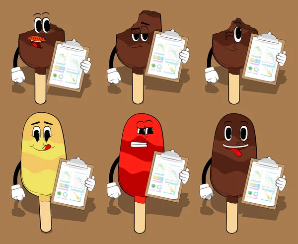 Ice Cream Shows Finance Report Summer Refreshment Sweet Food Cartoon — Stock Vector