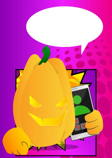 Abóbora Decorativa Para Halloween Falando Celular Como Personagem Desenho Animado —  Vetores de Stock