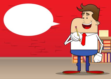 Elinde kalem tutan bir iş adamının basit bir retro karikatürü. Profesyonel finans çalışanı. Kırmızı kravatlı beyaz gömlek giyiyor..