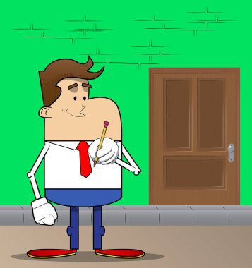 Elinde kalem tutan bir iş adamının basit bir retro karikatürü. Profesyonel finans çalışanı. Kırmızı kravatlı beyaz gömlek giyiyor..