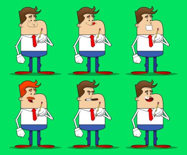 Elinde kalem tutan bir iş adamının basit bir retro karikatürü. Profesyonel finans çalışanı. Kırmızı kravatlı beyaz gömlek giyiyor..