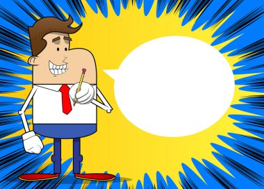 Elinde kalem tutan bir iş adamının basit bir retro karikatürü. Profesyonel finans çalışanı. Kırmızı kravatlı beyaz gömlek giyiyor..