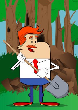 Elinde kürek tutan bir iş adamının basit bir retro karikatürü. Profesyonel finans çalışanı. Kırmızı kravatlı beyaz gömlek giyiyor..