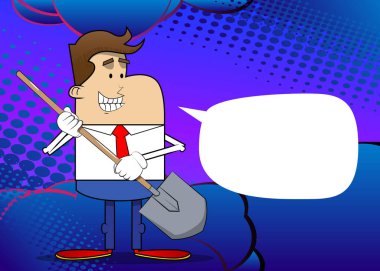 Elinde kürek tutan bir iş adamının basit bir retro karikatürü. Profesyonel finans çalışanı. Kırmızı kravatlı beyaz gömlek giyiyor..