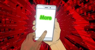 Daha fazla metin Smartphone ekranında. Cep telefonunda el tıklama mesajı. 4k Çizgi Roman tarzı animasyon.