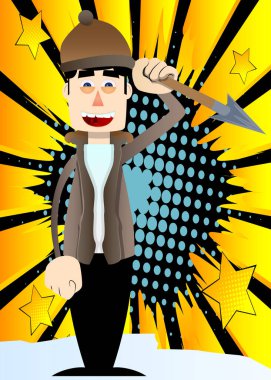 Elinde mızrak tutan kışa uygun giyinmiş komik çizgi film adamı. Vektör illüstrasyonu.