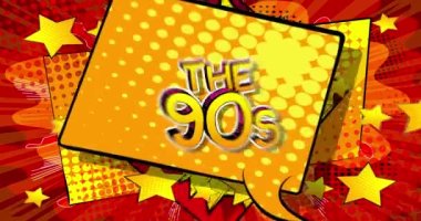 90 'lar. Hareket posteri. 4k animasyon çizgi roman kelime metni soyut çizgi roman arkaplanı üzerinde hareket ediyor. Retro pop sanat tarzı.