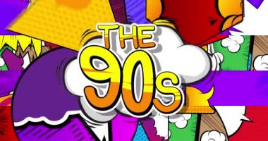 90 'lar. Hareket posteri. 4k animasyon çizgi roman kelime metni soyut çizgi roman arkaplanı üzerinde hareket ediyor. Retro pop sanat tarzı.