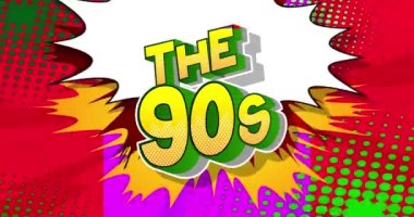 90 'lar. Hareket posteri. 4k animasyon çizgi roman kelime metni soyut çizgi roman arkaplanı üzerinde hareket ediyor. Retro pop sanat tarzı.