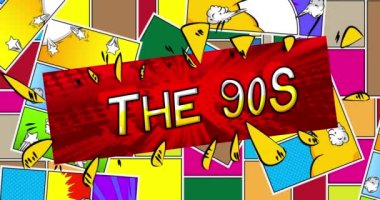 90 'lar. Hareket posteri. 4k animasyon çizgi roman kelime metni soyut çizgi roman arkaplanı üzerinde hareket ediyor. Retro pop sanat tarzı.