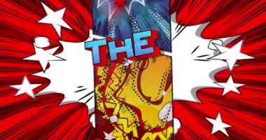 90 'lar. Hareket posteri. 4k animasyon çizgi roman kelime metni soyut çizgi roman arkaplanı üzerinde hareket ediyor. Retro pop sanat tarzı.