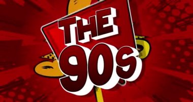 90 'lar. Hareket posteri. 4k animasyon çizgi roman kelime metni soyut çizgi roman arkaplanı üzerinde hareket ediyor. Retro pop sanat tarzı.