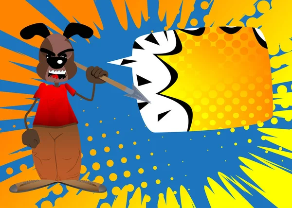 Grappige Tekenfilmhond Met Speer Zijn Hand Vectorillustratie — Stockvector