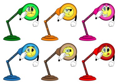 Gece Masası Lambası büyüteç tutuyor. Ofis Işığı çizgi film karakteri.