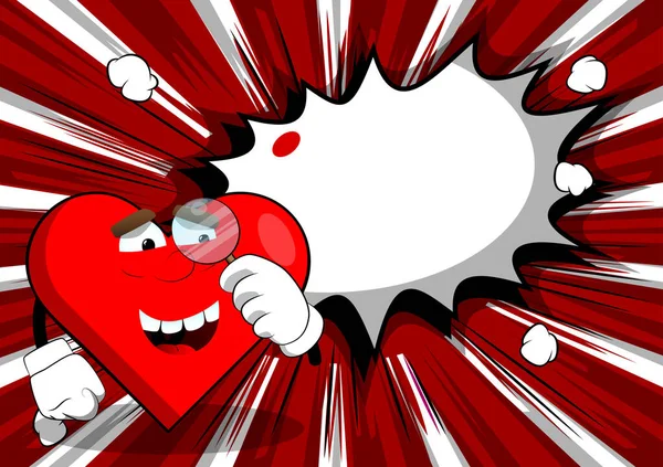 漫画のキャラクターとして虫眼鏡を保持してハート型 面白い赤の愛の休日のイラスト — ストックベクタ