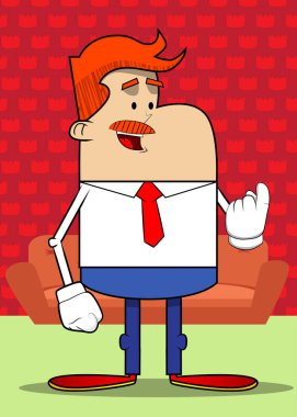 El işaretli basit bir iş adamı karikatürü, buraya ifade etmek için geldi. Profesyonel finans çalışanı. Kırmızı kravatlı beyaz gömlek giyiyor..