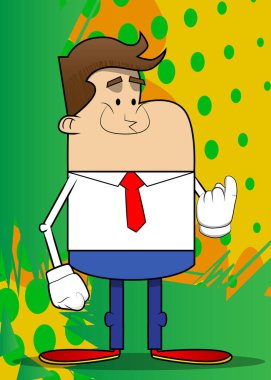 El işaretli basit bir iş adamı karikatürü, buraya ifade etmek için geldi. Profesyonel finans çalışanı. Kırmızı kravatlı beyaz gömlek giyiyor..