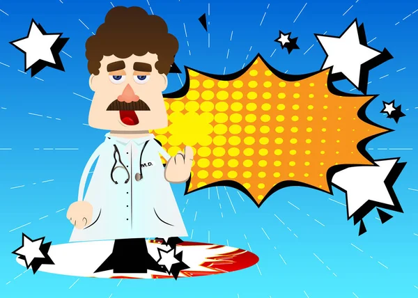 Divertido Médico Dibujos Animados Con Signo Mano Invitadora Para Venir — Vector de stock