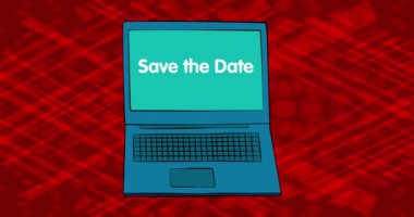 Ekranda Tarihi Kaydet yazan dizüstü bilgisayar. 4k Comic Book tarzı animasyon. Davet iletisi.