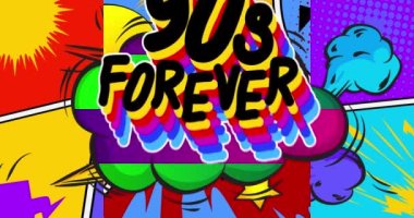 90 'lar Sonsuza Dek. Çizgi roman kelimeleri. Hareket posteri. 4k animasyon sözcükler, soyut çizgi roman arkaplanı üzerinde hareket eden metin. Retro pop sanat tarzı.