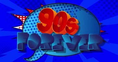 90 'lar Sonsuza Dek. Turuncu Mavi Çizgi Roman Kelimeleri. Hareket posteri. 4k animasyon sözcükler, soyut çizgi roman arkaplanı üzerinde hareket eden metin. Retro pop sanat tarzı.