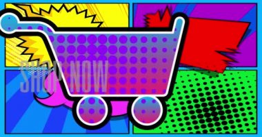 E-ticaret simgesi, alışveriş sembolü. Satış Hareketi posteri. Soyut çizgi roman arka planında 4k animasyon çizgi roman sembolü. Retro pop sanat tarzı.