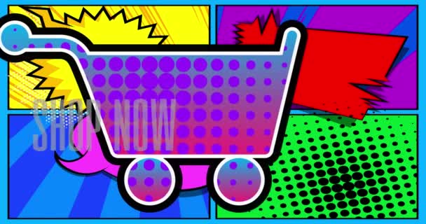 電子商取引アイコン ショッピングシンボル セール モーション ポスター 4Kアニメ漫画の本のシンボルは抽象的な漫画の背景に移動します レトロポップアートスタイル — ストック動画