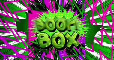 Müzik kutusu. Hareket posteri. 4k animasyon çizgi roman kelime metni soyut çizgi roman arkaplanı üzerinde hareket ediyor. Retro pop sanat tarzı.