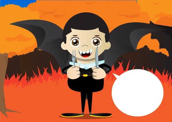 Kid Dressed Halloween Holding Knife Fork Vector Cartoon Character Illustration — Stock Vector