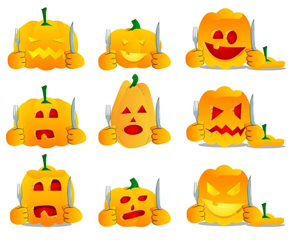 Abóbora Decorativa Para Halloween Segurando Uma Faca Garfo Como Personagem — Vetor de Stock