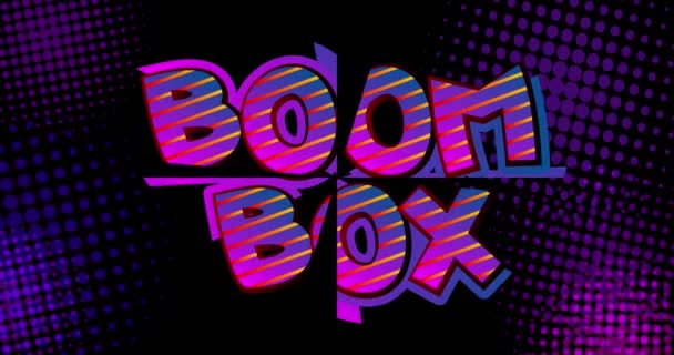 Boom Box Bewegungsplakat Animierter Comic Worttext Auf Abstraktem Comichintergrund Retro — Stockvideo