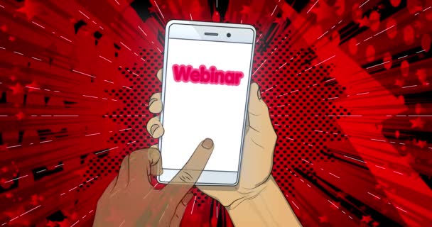 Webinar Tekst Smartphone Scherm Hand Klikken Tekst Mobiele Telefoon Comic — Stockvideo