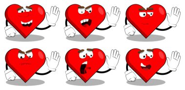 Çizgi film karakteri olarak el sallayan kalp şekli, komik kırmızı aşk tatil illüstrasyonu.