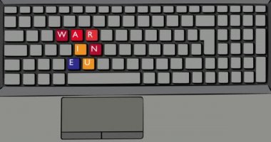 Avrupa 'da savaş, bilgisayar klavyesinde. Dizüstü bilgisayarında renkli anahtarlar olan tuş takımı. 4k Çizgi Roman tarzı animasyon.