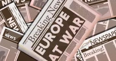 Savaşta Avrupa metninin manşet olduğu gazete. 4k çözünürlüklü çizgi film animasyonu. Yazdırılmış Medya 'dan haberleri gösteriyoruz.
