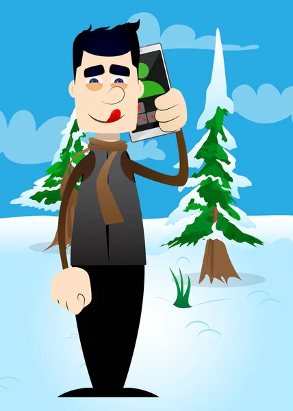 Vtipný Kreslíř Oblečený Zimu Jak Mluví Mobilu Vektorová Ilustrace Koncept — Stockový vektor