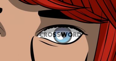 Kadın gözüyle çapraz bulmaca. Yakın plan çizgi film animasyonu. Comic Book tarzı 4k stok video.