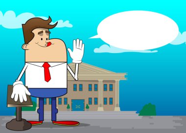 Basit bir iş adamı karikatürü elini kaldırıyor ve diğerini kutsal bir kitabın üzerine koyuyor. Profesyonel finans çalışanı. Kırmızı kravatlı beyaz gömlek giyiyor..