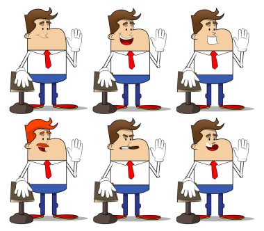 Basit bir iş adamı karikatürü elini kaldırıyor ve diğerini kutsal bir kitabın üzerine koyuyor. Profesyonel finans çalışanı. Kırmızı kravatlı beyaz gömlek giyiyor..